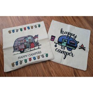 Happy Camper Throw Pillow Covers 2 Hidden Zipper Campers Owls Beige Covers ONLY